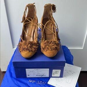 Aquazzura Tan Suede Fringe Lace-Up Heels